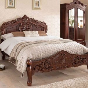 Grand Baroque Hand-Carved Solid Wood King Bed – Mahogany Finish