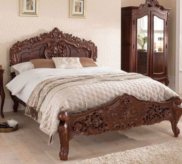 Grand Baroque Hand-Carved Solid Wood King Bed – Mahogany Finish