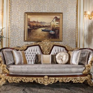 Regal Handcrafted Baroque Sofa – Gold Leaf Carving & Silk Upholstery