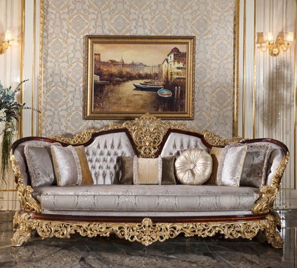Regal Handcrafted Baroque Sofa – Gold Leaf Carving & Silk Upholstery