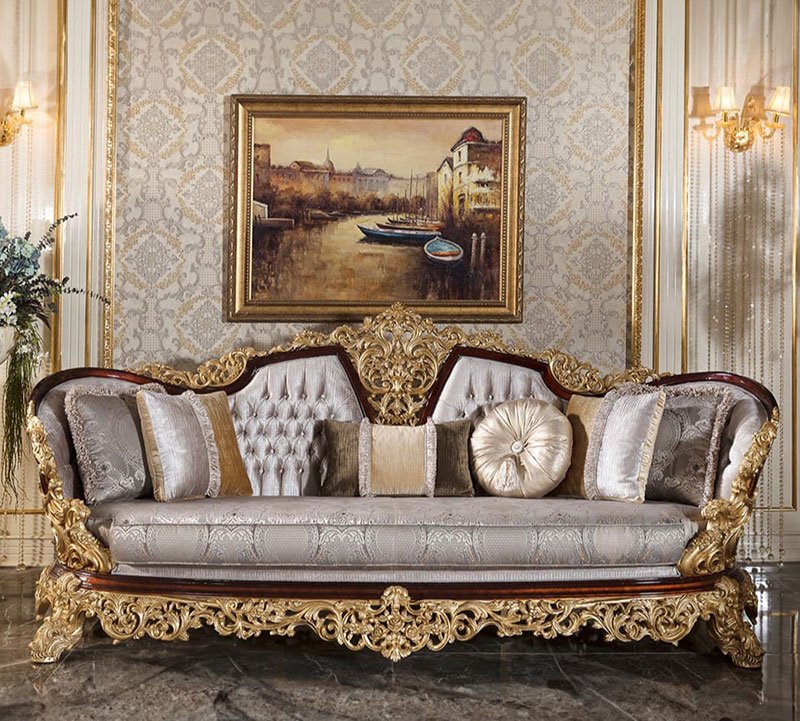 Regal Handcrafted Baroque Sofa – Gold Leaf Carving & Silk Upholstery