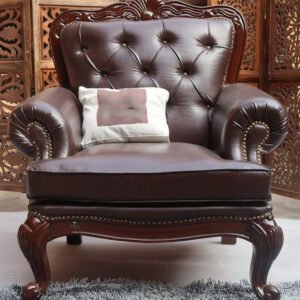 Classic Chesterfield Leather Armchair – Deep Brown with Carved Legs