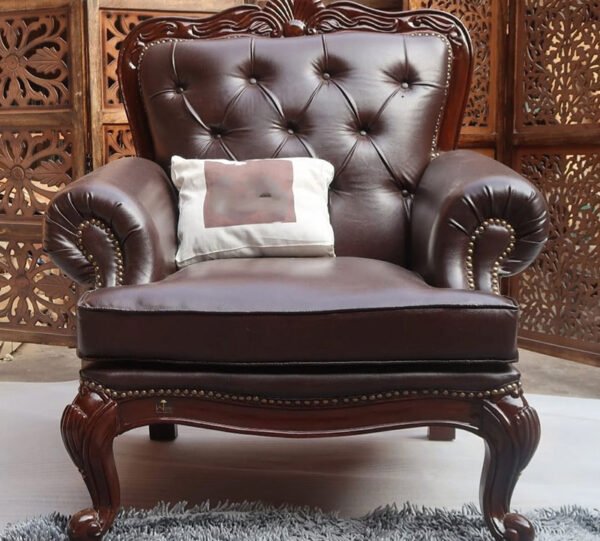 Classic Chesterfield Leather Armchair – Deep Brown with Carved Legs
