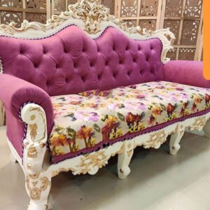 Victorian Floral Tufted Sofa – White & Gold Carved Frame with Pink Velvet (3-Seater)
