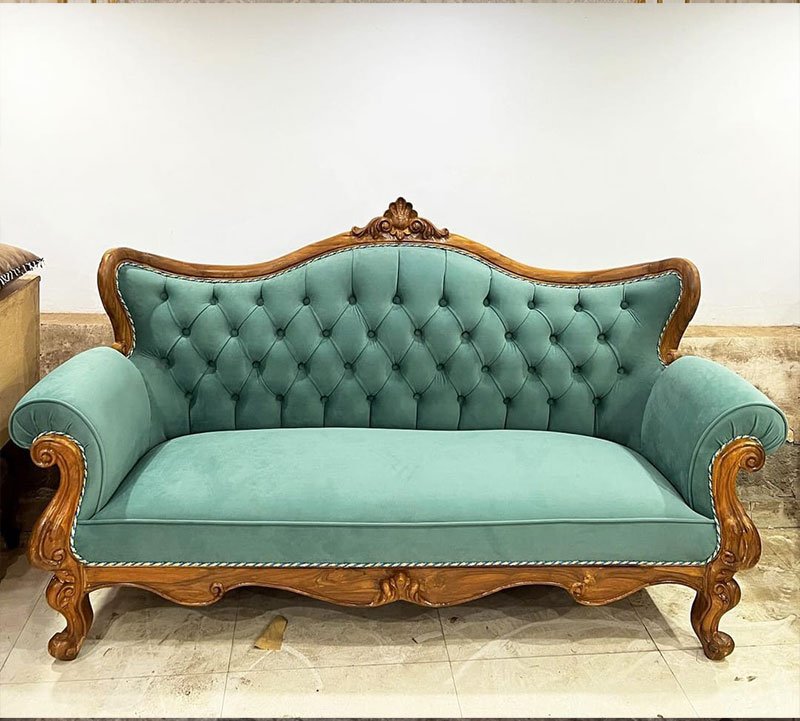 Vintage Victorian Tufted 3-Seater Sofa – Solid Teak Frame & Aqua Velvet Upholstery