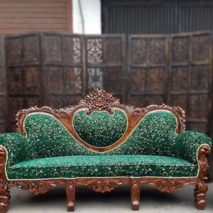 Regal Heart-Back Handcrafted Wooden Sofa – Emerald Green Velvet (3-Seater)