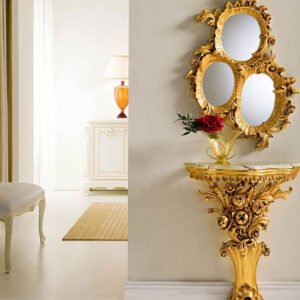 A regal gold-leaf console and mirror ensemble, perfect for adding classical elegance to any hallway or foyer.