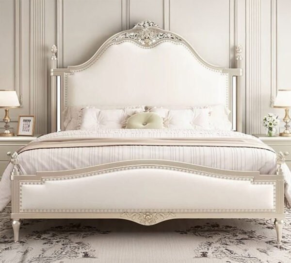 Royal Carved Teak Wood Bed – Antique Ivory Finish