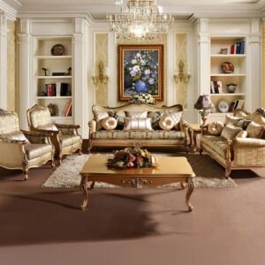 Grand Royale Teak Wood Sofa Set – Gold Leaf Finish with Regal Upholstery