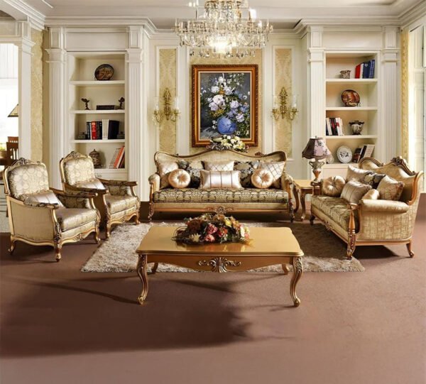 Grand Royale Teak Wood Sofa Set – Gold Leaf Finish with Regal Upholstery