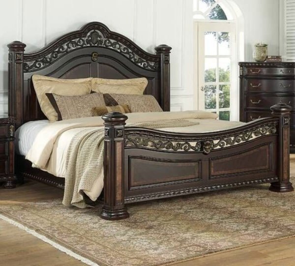 Ornate Regal Mahogany Panel Bed with Carved Accents – King Size