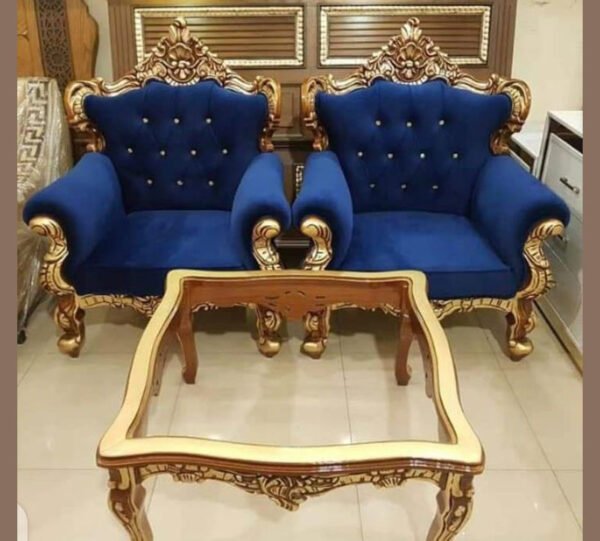 Regal Twin Thrones Armchair Set with Carved Coffee Table