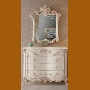 Ornate Carved Dresser with Mirror – Blush White Finish