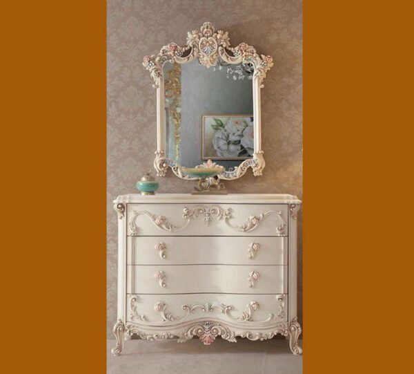 Ornate Carved Dresser with Mirror – Blush White Finish