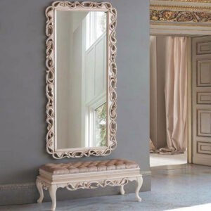 Handcrafted Full-Length Mirror with Bench – Ivory Rose Finish