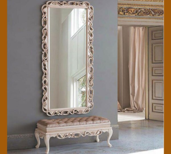 Handcrafted Full-Length Mirror with Bench – Ivory Rose Finish