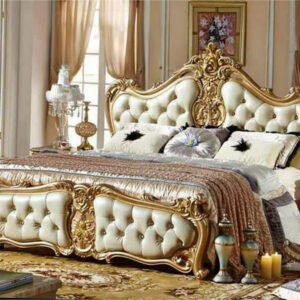 Grand Imperial Baroque Teak Bed (Gold & Cream)