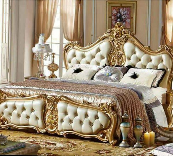 Grand Imperial Baroque Teak Bed (Gold & Cream)