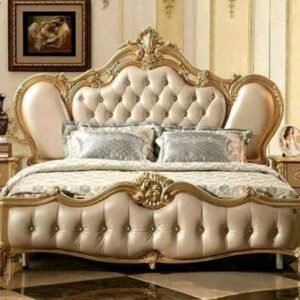 Royal Carved Leather Bed – Champagne Gold Finish