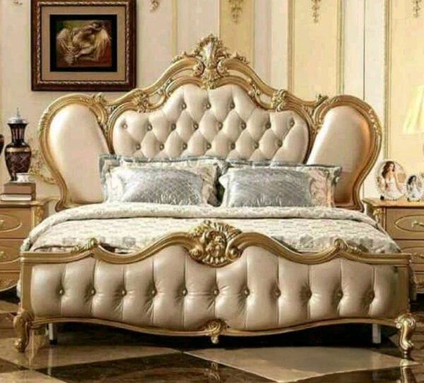 Royal Carved Leather Bed – Champagne Gold Finish