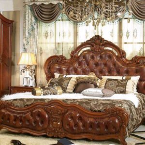 Majestic Royal Carved Leather Bed – Walnut Brown Finish