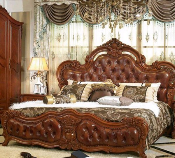 Majestic Royal Carved Leather Bed – Walnut Brown Finish